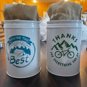 Two small canisters with burlap bag. Perfect to use as a “thank you” gift holder